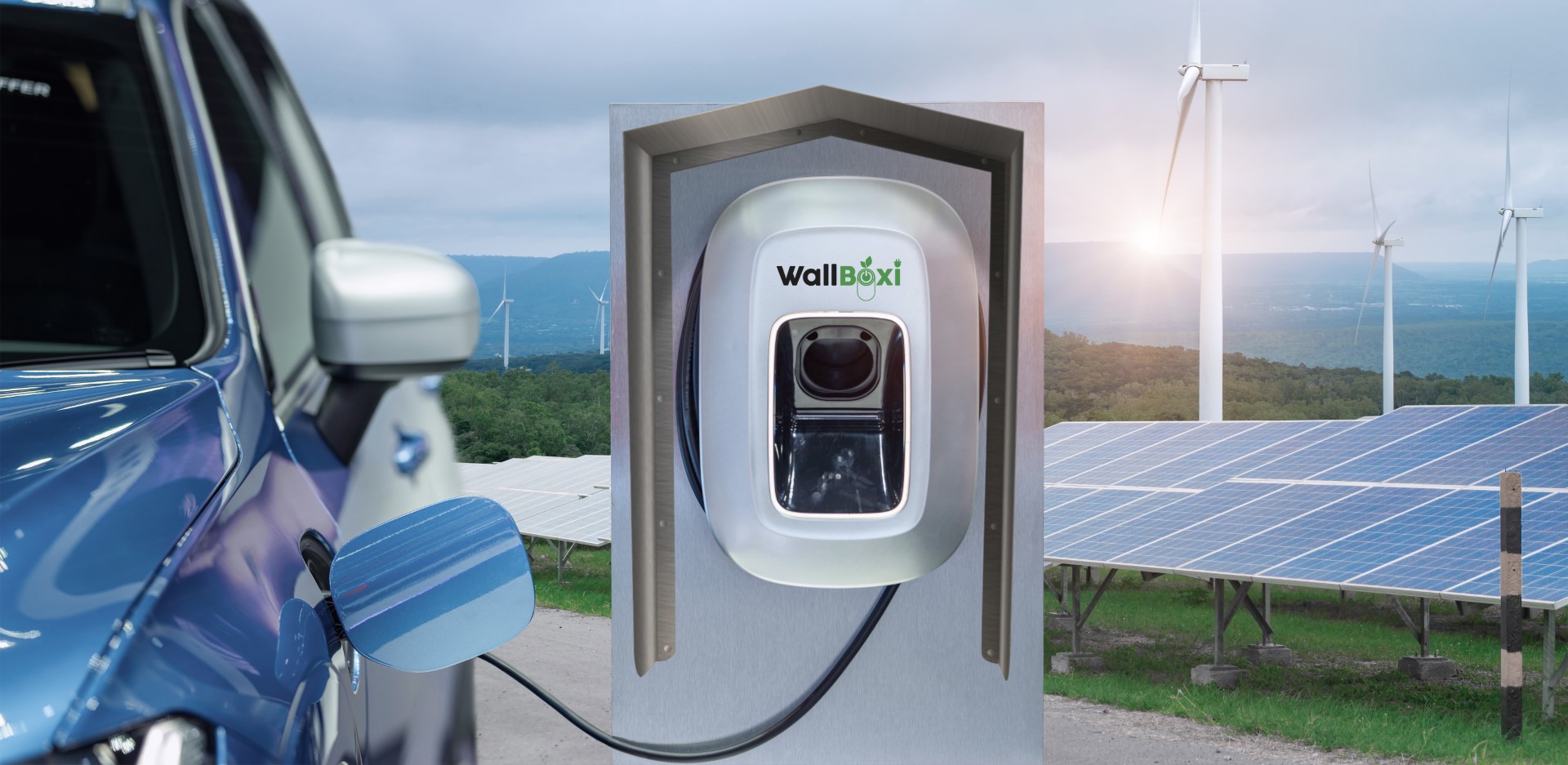 EV Car or electric power car and solar cells for electricity generation,plug of power cable electric supply during charging at ev car.